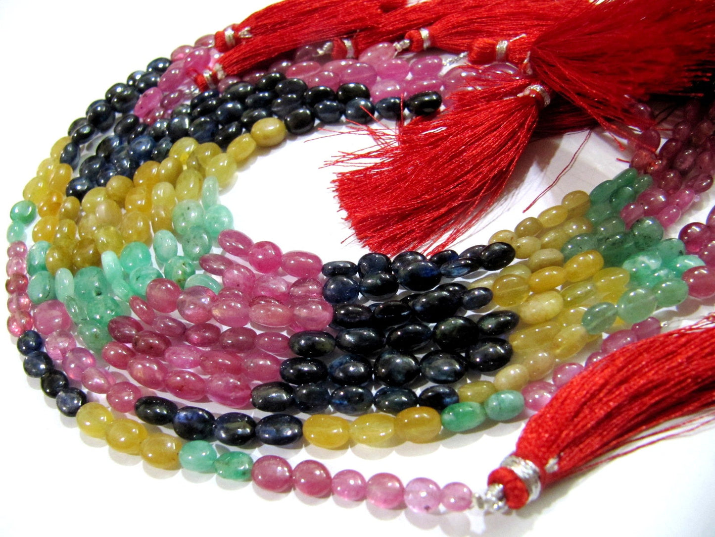 Natural Genuine Ruby Emerald Sapphire Multi Precious Gemstone Oval Plain Beads size 4 To 9 mm Strand 9.5 Inches Long Graduated Beads