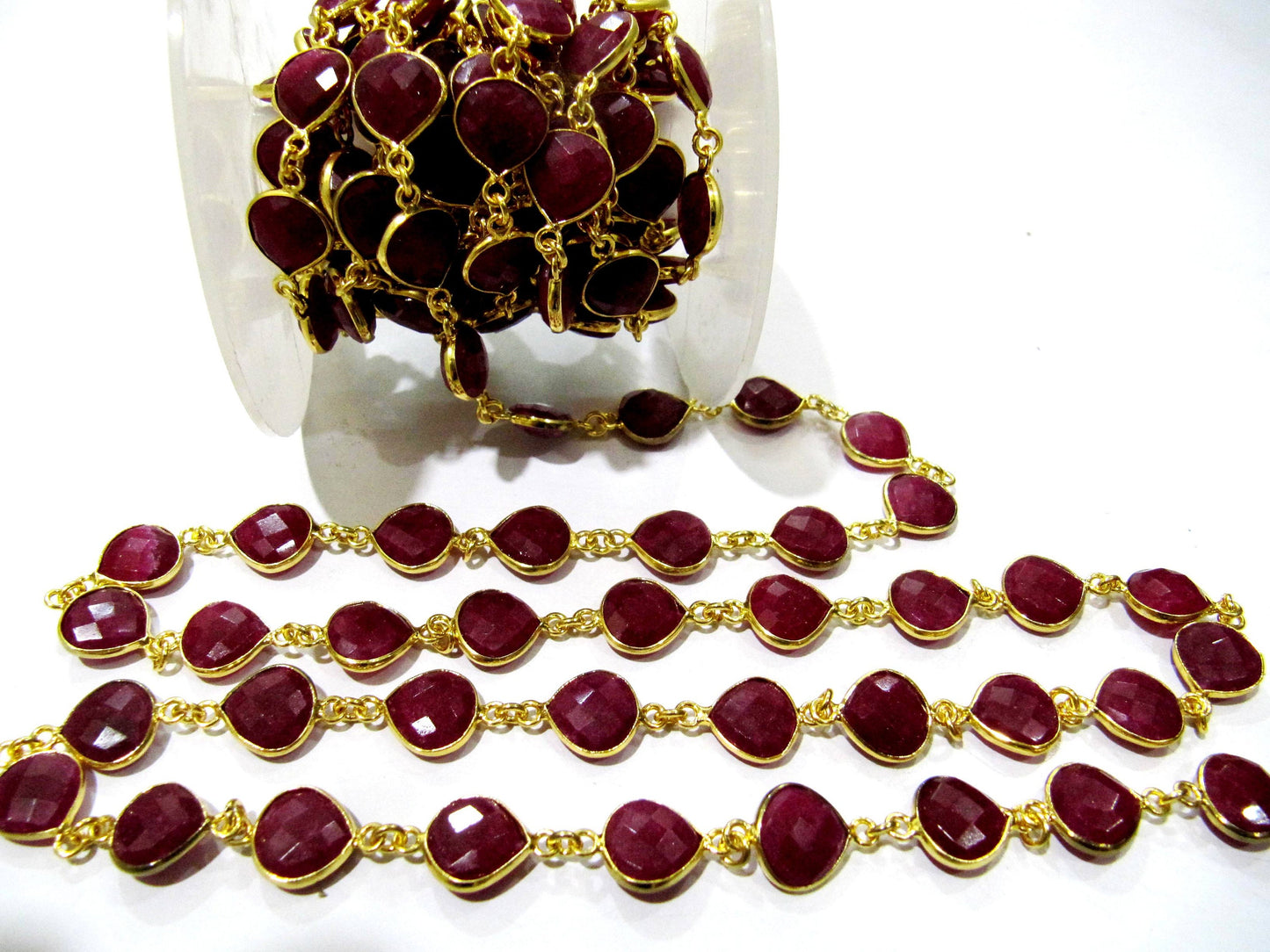 Dyed Ruby Heart Shape Briolette Faceted 10mm Bezel Connector Chain Sold Per Foot Wholesale price Jewelry making Chain