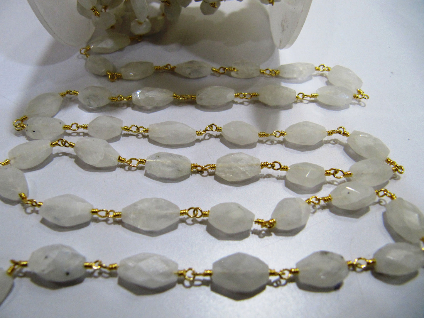 Natural White Rainbow Moonstone Oval Faceted Beaded Rosary Chain High Quality Semi Precious Beads Handmade Gemstone chain sold per foot