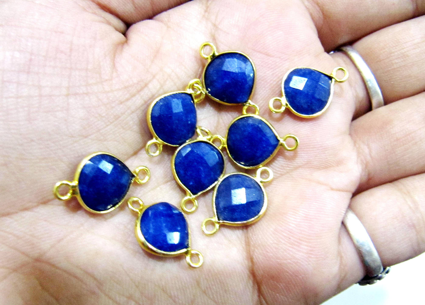 2 Piece Set Dyed Blue Sapphire Heart Shape 10mm Briolette Connectors Blue sapphire Double Loop Bezel Jewelry Making Bezel Connectors Charms