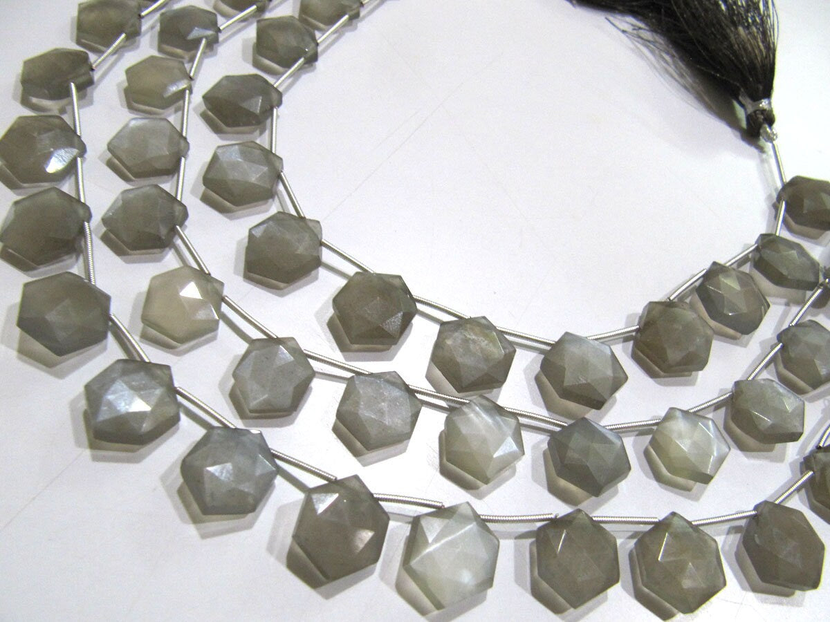 Natural Gray Moonstone Beads Hexagon Shape Faceted Briolette Beads Size 11-12mm Gray Color Gemstone Strand 10 Inches Long Wholesale Prices