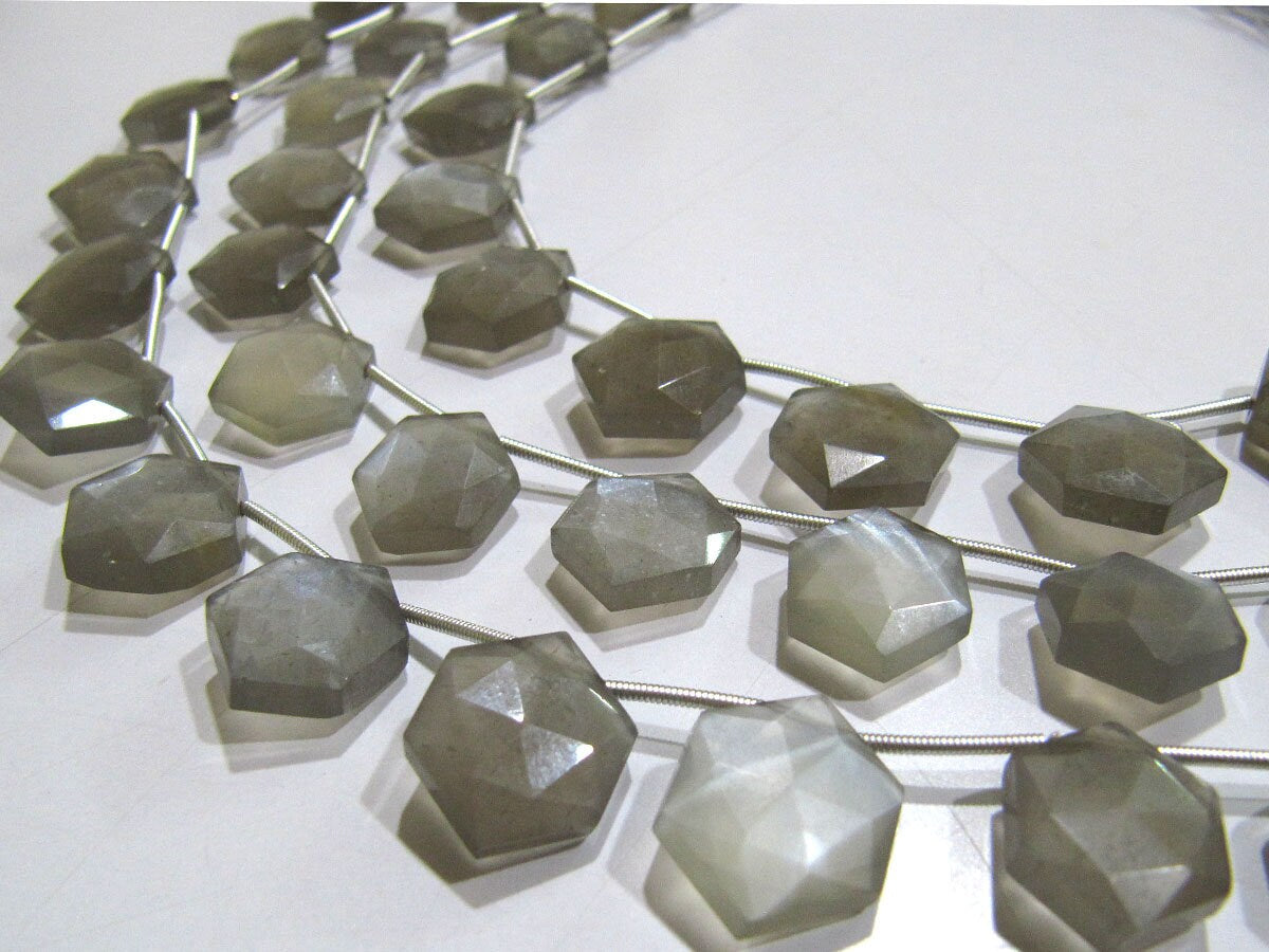 Natural Gray Moonstone Beads Hexagon Shape Faceted Briolette Beads Size 11-12mm Gray Color Gemstone Strand 10 Inches Long Wholesale Prices