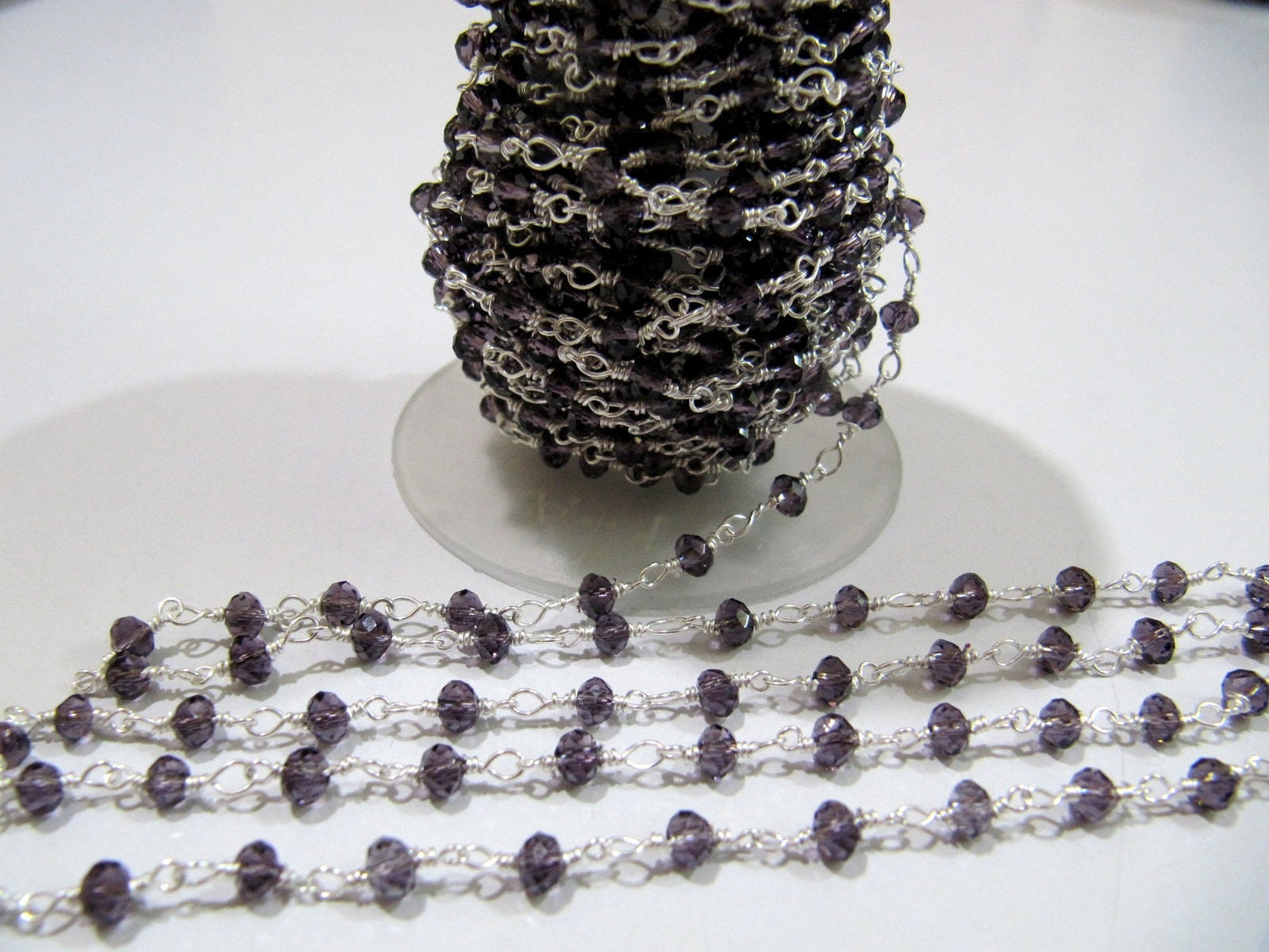Purple Amethyst Hydro Quartz Rondelle Faceted 3-4mm Size Beaded Wire Wrapped Chain Wholesale Prices Handmade Crystal Chains sold per foot