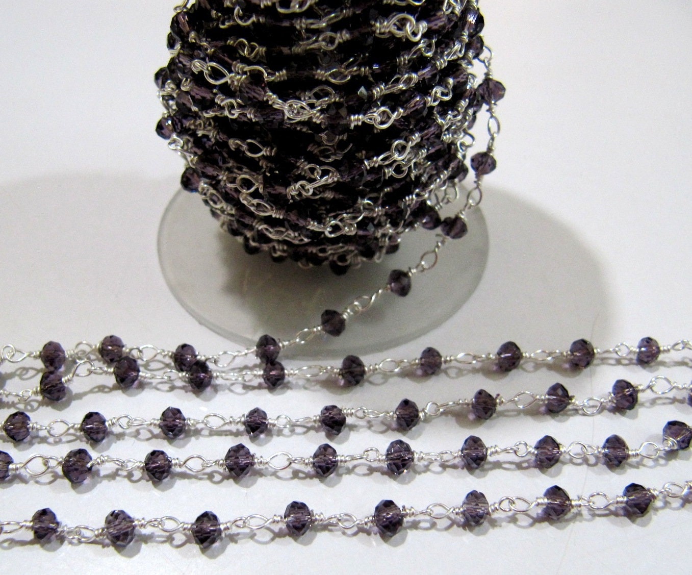 Purple Amethyst Hydro Quartz Rondelle Faceted 3-4mm Size Beaded Wire Wrapped Chain Wholesale Prices Handmade Crystal Chains sold per foot