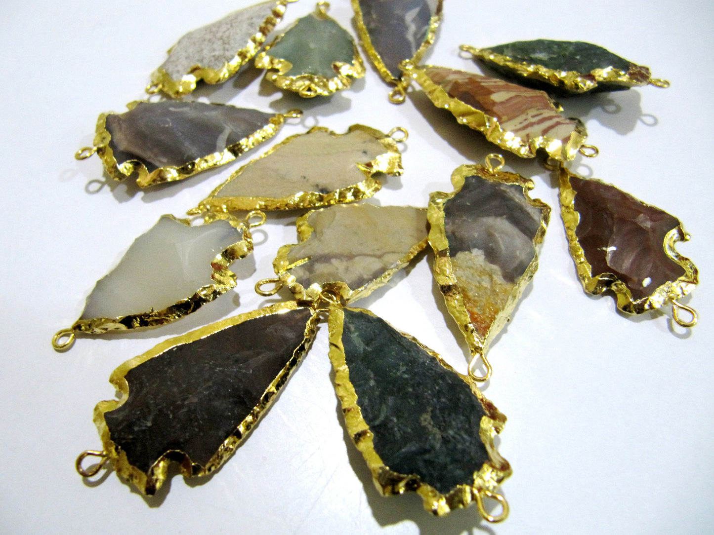 2 Pcs Set Natural Jasper Gold Electroplated Edge Double Loop Arrowhead Connector Charms Pendant Size 1 to 1.5 Inches Long