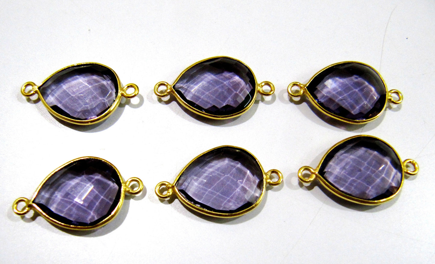 6 Pcs Set Amethyst Pear Shape 13x16mm Briolette Connectors Amethyst Hydro Quartz Double Loop Bezel Top Quality Wholesaleprice