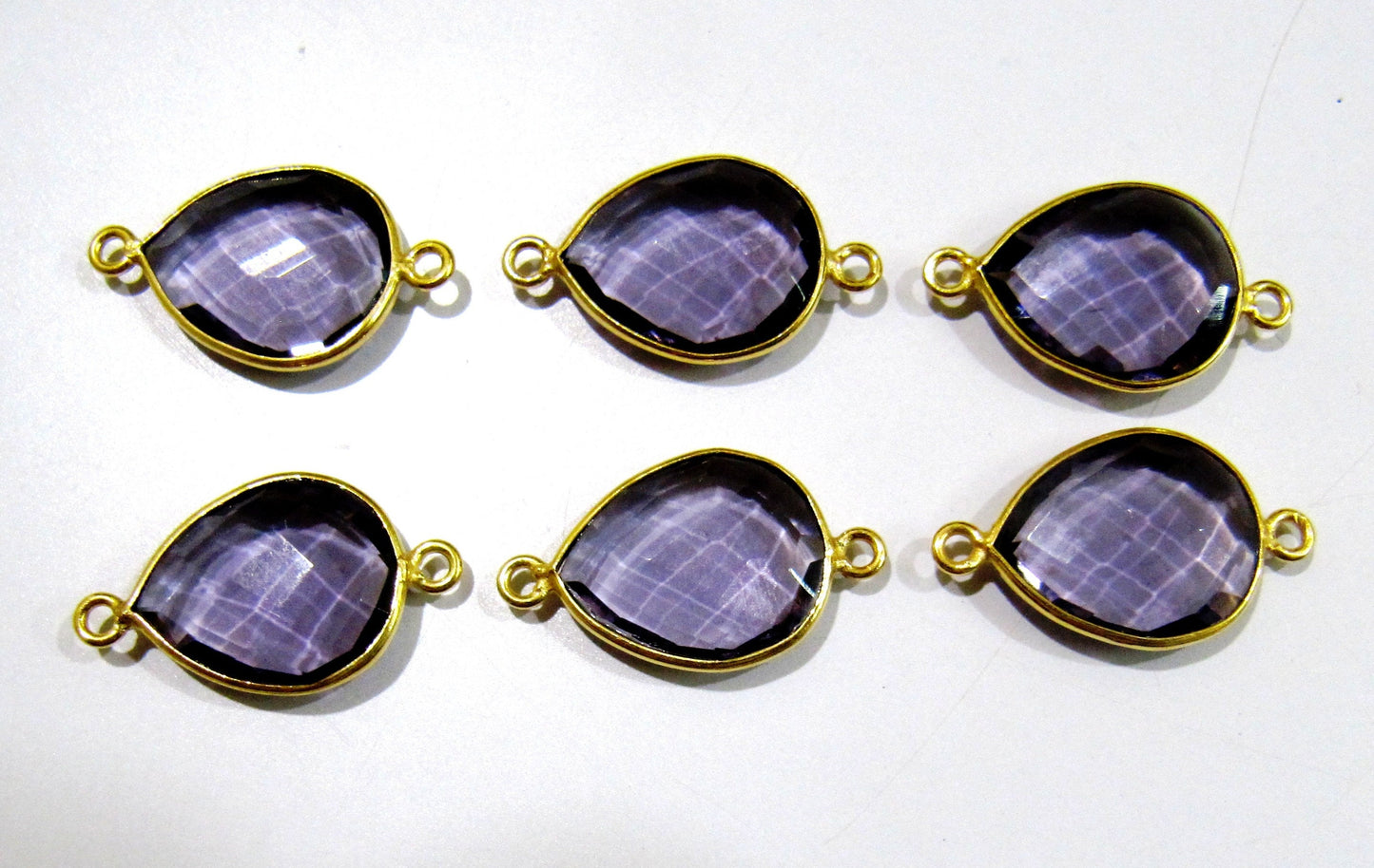 6 Pcs Set Amethyst Pear Shape 13x16mm Briolette Connectors Amethyst Hydro Quartz Double Loop Bezel Top Quality Wholesaleprice
