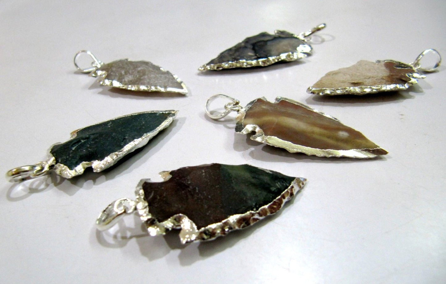 2 Pcs Set Natural Jasper Silver Electroplated Edge Single Loop Arrowhead Connector Charms Pendant Size 1 to 1.5 Inches Long