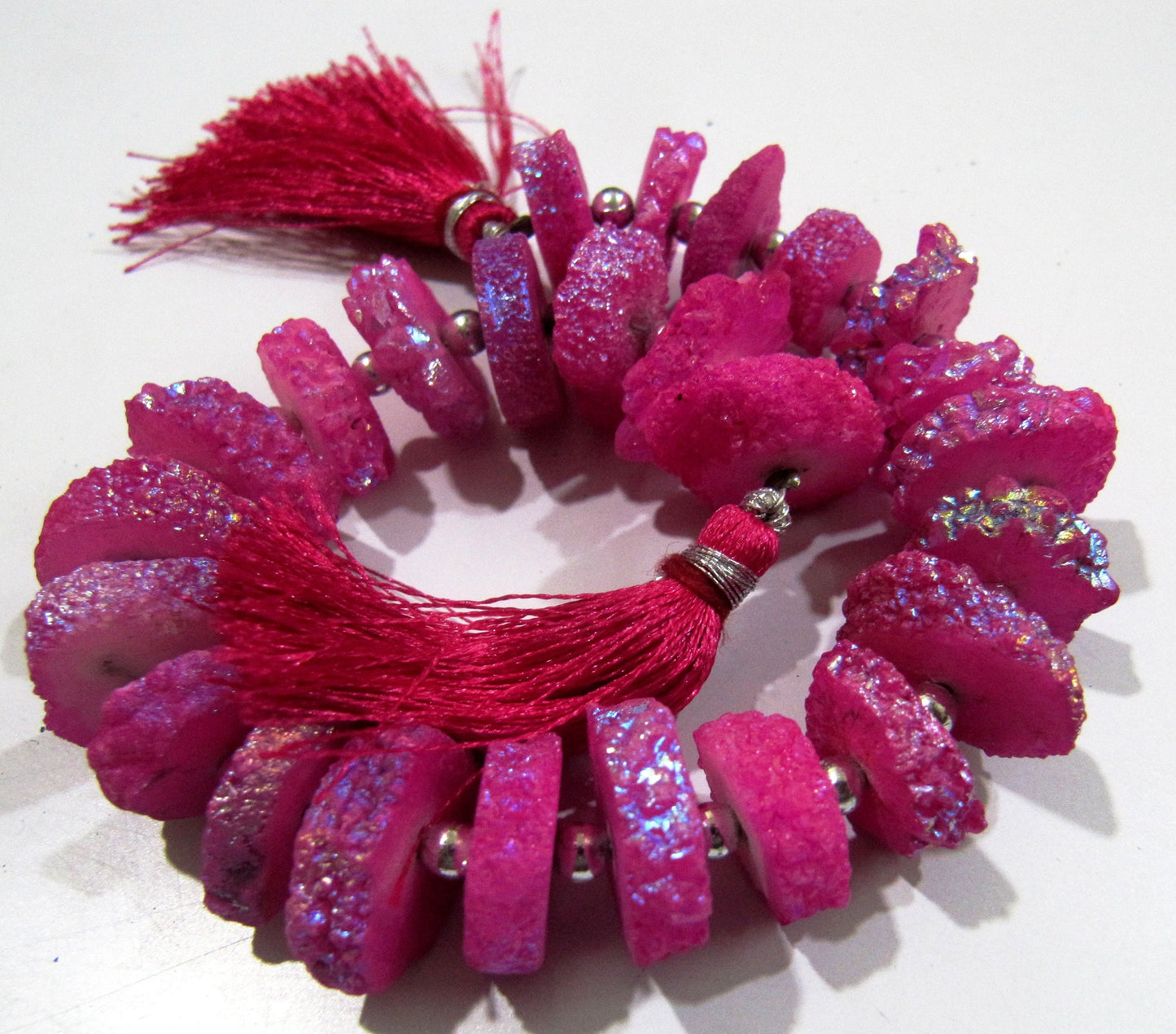 Ruby Color Solar Quartz Slice Disc Sparkling Beads 13-17mm Size Each Strand 8 inches long with approx. 25 to 30 Beads /Hot Pink Druzy Beads