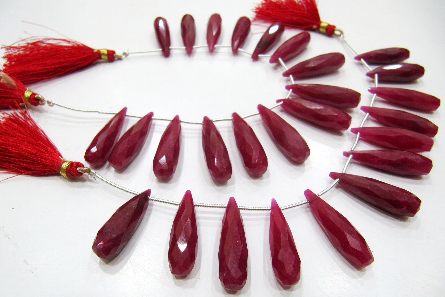 Ruby Long Tear Drop Shape Briolette Faceted Beads Approx 1 inch Long beads Sold per strand 8 inches long Jewelry Making Dyed Beads