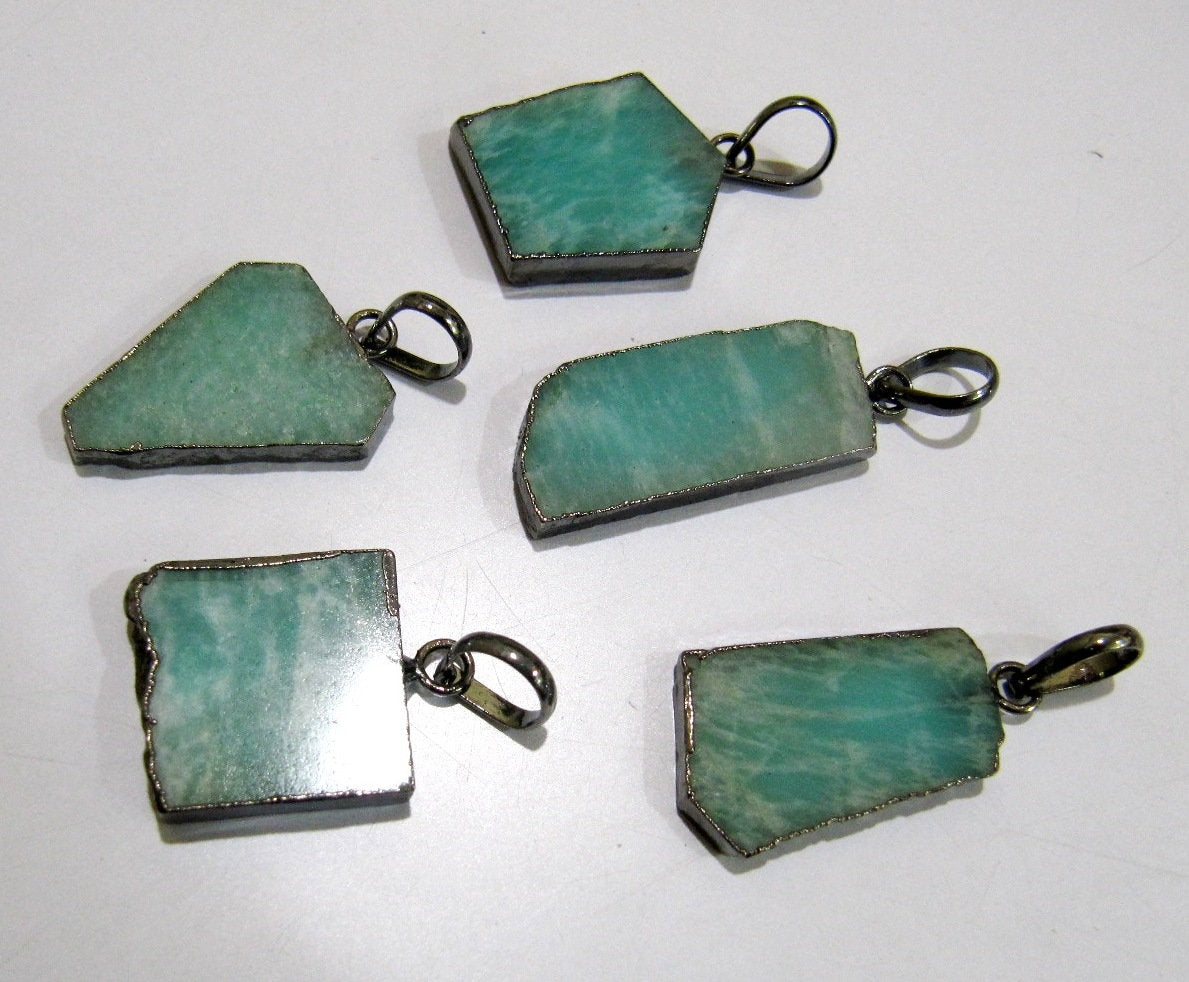 2 Pcs Set-Natural Amazonite Slice Pendant Free Form Connector Charm With Black Electroplated Edge Single Loop 1 inch approximately