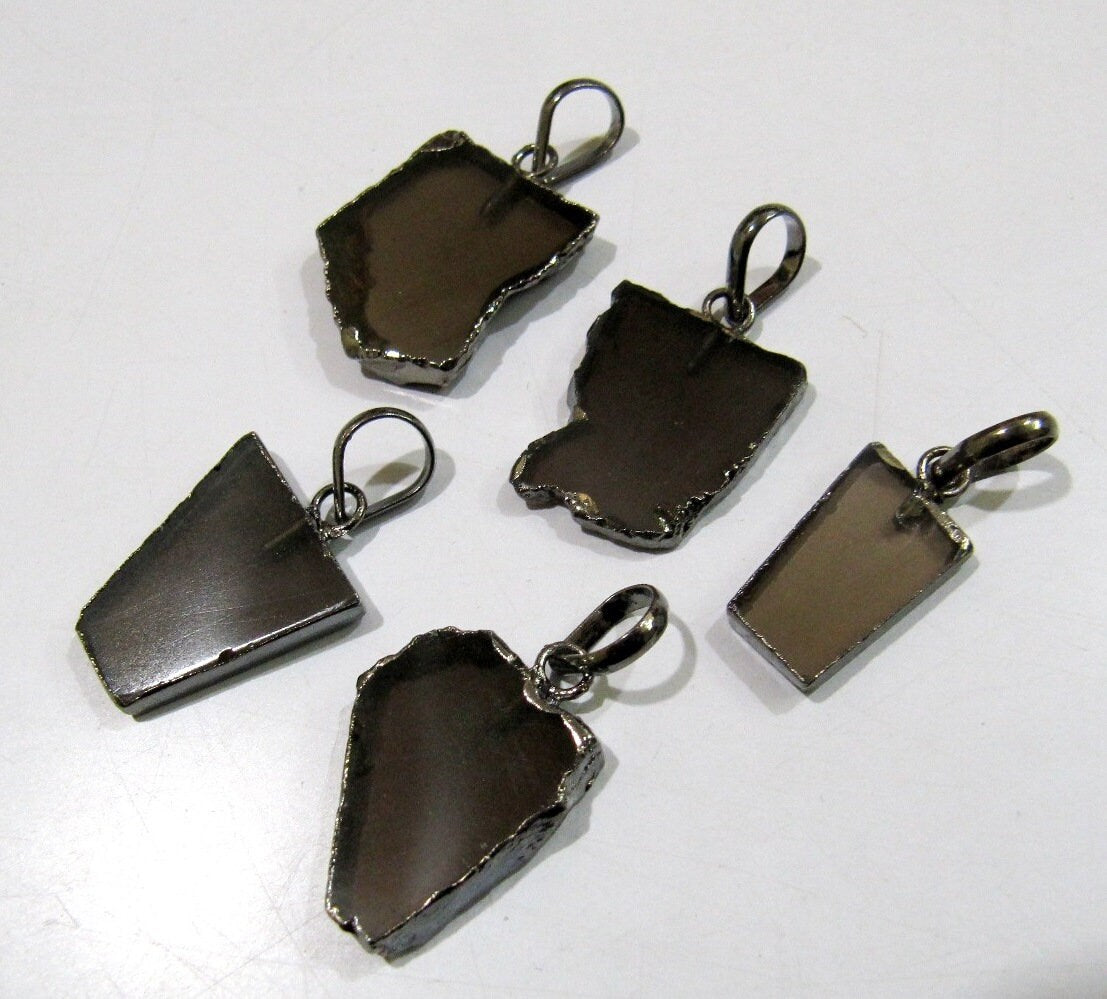 Natural Smoky Quartz Slice Pendant Free Form Connector Charm With Black Oxidized Electroplated Edge Single Loop 1inch sold per piece
