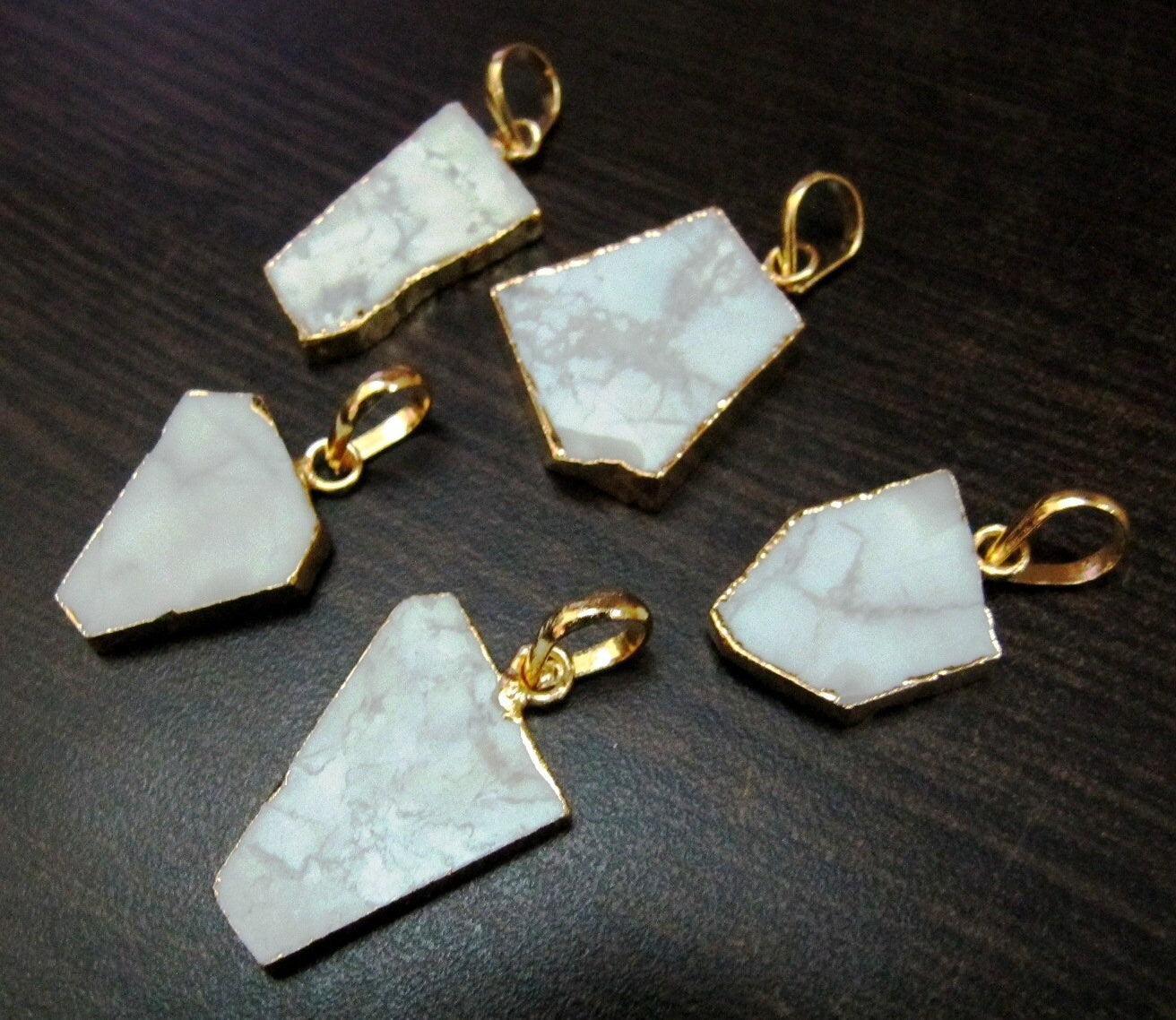 2 Pcs Set-Natural White Agate Slice Pendant Free Form Connector Charm With 24K Gold Electroplated Edge Single Loop 1 inch approximately