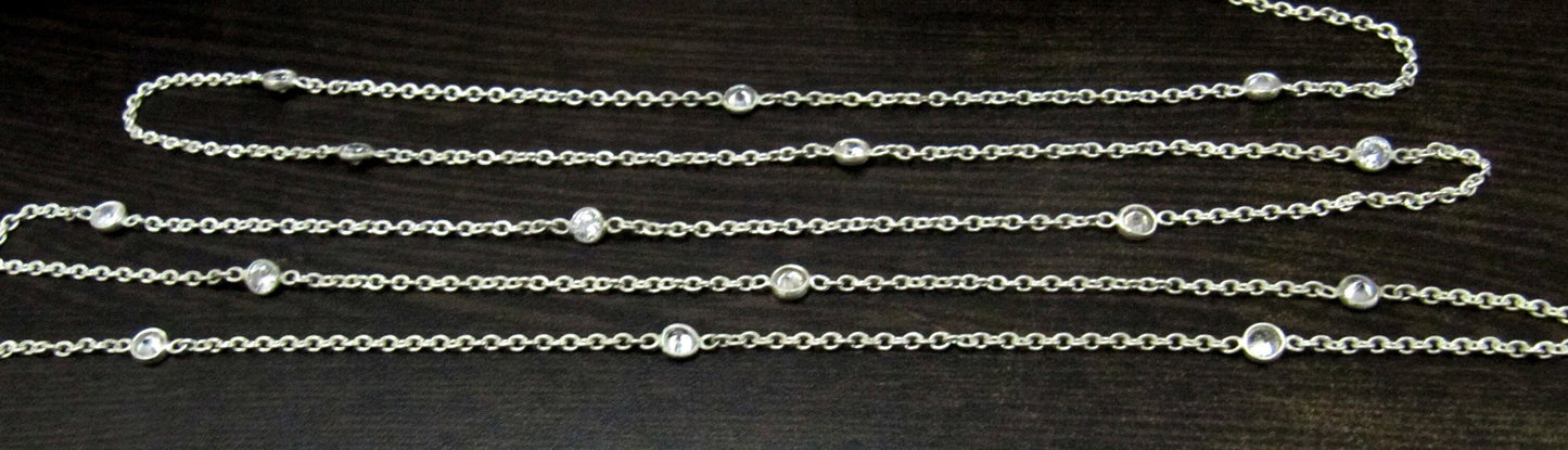 92.5% Sterling Silver White Round Cubic Zirconia 4mm bezel Connector Station Chain Sold Per Feet Top Quality Wholesale Price
