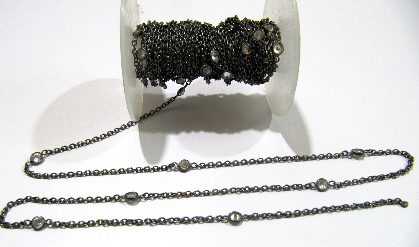 92.5% Sterling Silver White Round Cubic Zirconia 4mm bezel Connector Station Chain Sold Per Feet Top Quality Wholesale Price