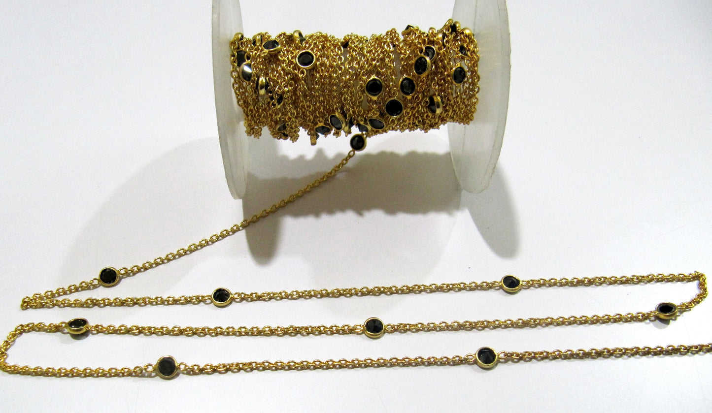 Natural Black Spinel Round 4mm Sterling Silver bezel Connector Station Chain Sold Per Feet Top Quality Wholesale Price Jewelry Making Chain