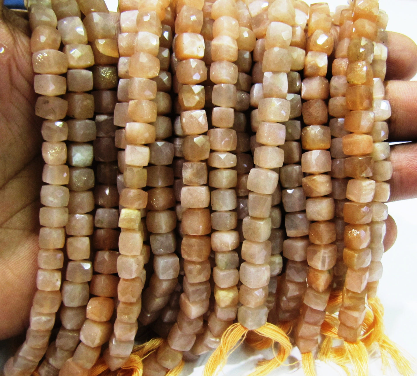 Top Quality Moonstone 3D Box beads,Peach color Moonstone Faceted Cube Beads 6 to 7mm size,Superfine Cut and Polished Beads String 8inch Long