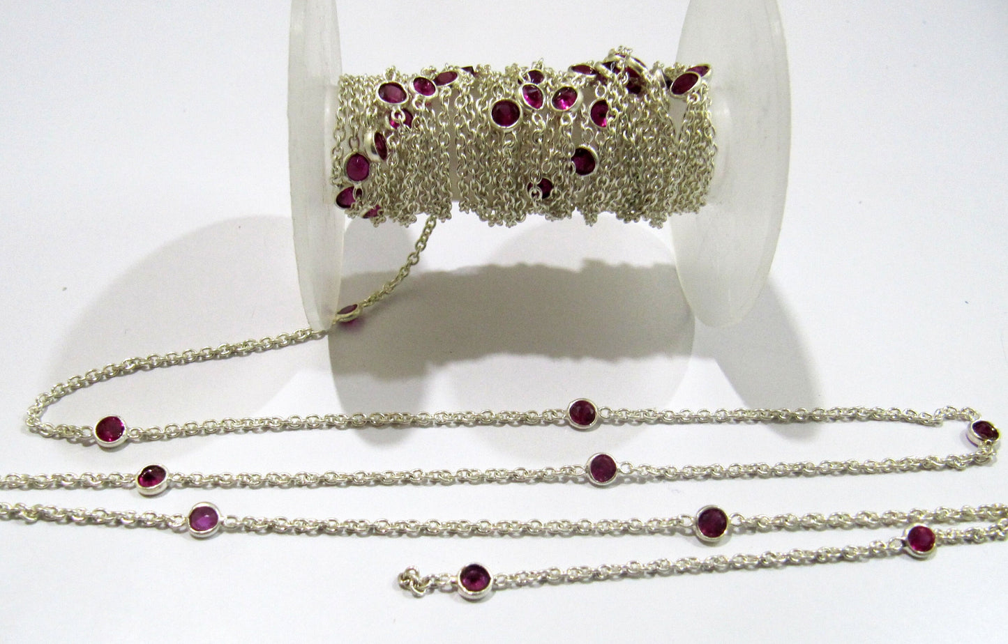 92.5% Sterling Silver Fancy Ruby Round 4mm bezel Connector Station Chain Sold Per Feet Top Quality Wholesale Prices