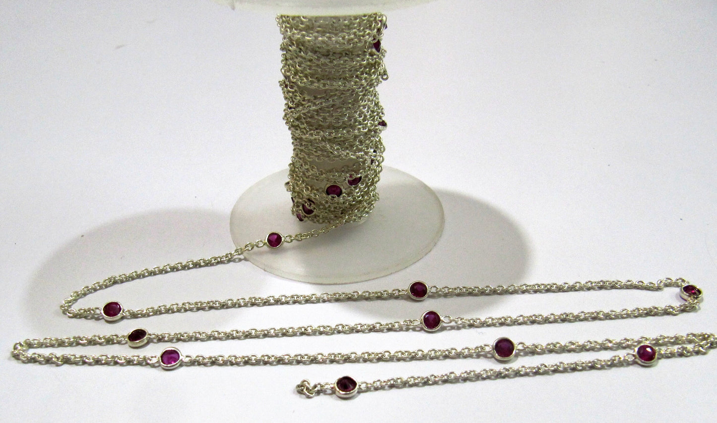92.5% Sterling Silver Fancy Ruby Round 4mm bezel Connector Station Chain Sold Per Feet Top Quality Wholesale Prices