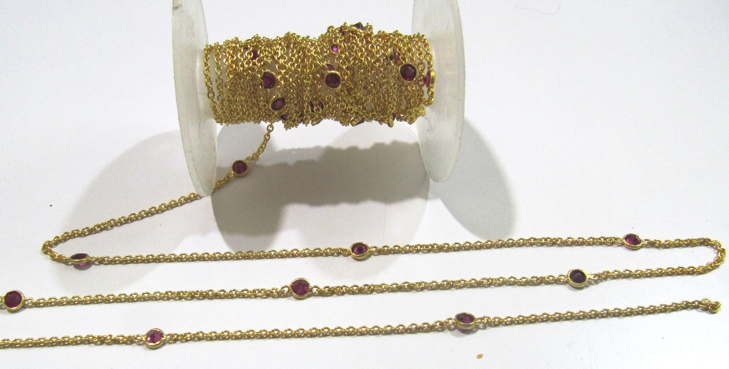 92.5% Sterling Silver Fancy Ruby Round 4mm bezel Connector Station Chain Sold Per Feet Top Quality Wholesale Prices