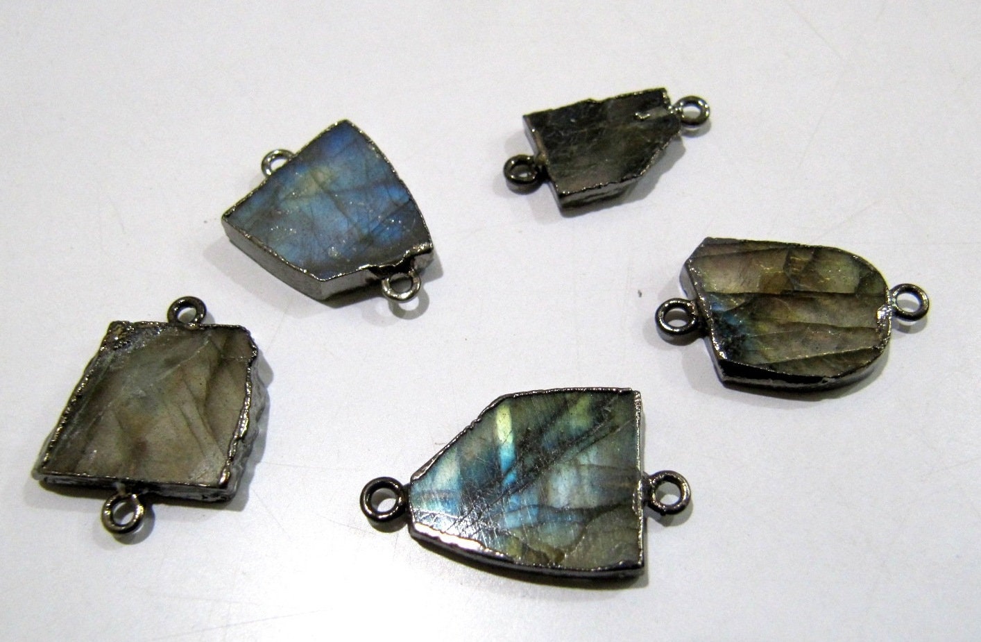 2Pc.- Natural Labradorite Slice Connector Free Form Double Loop 1 inch approximately Top Quality Edge Electroplated Connectors