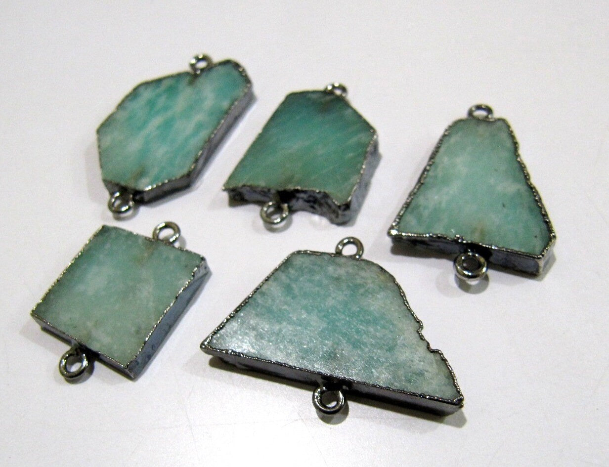 2 Piece- Natural Amazonite Slice Connector Free Form Double Loop charm 1 inch approximately Top Quality Electroplated Jewelry making bezel