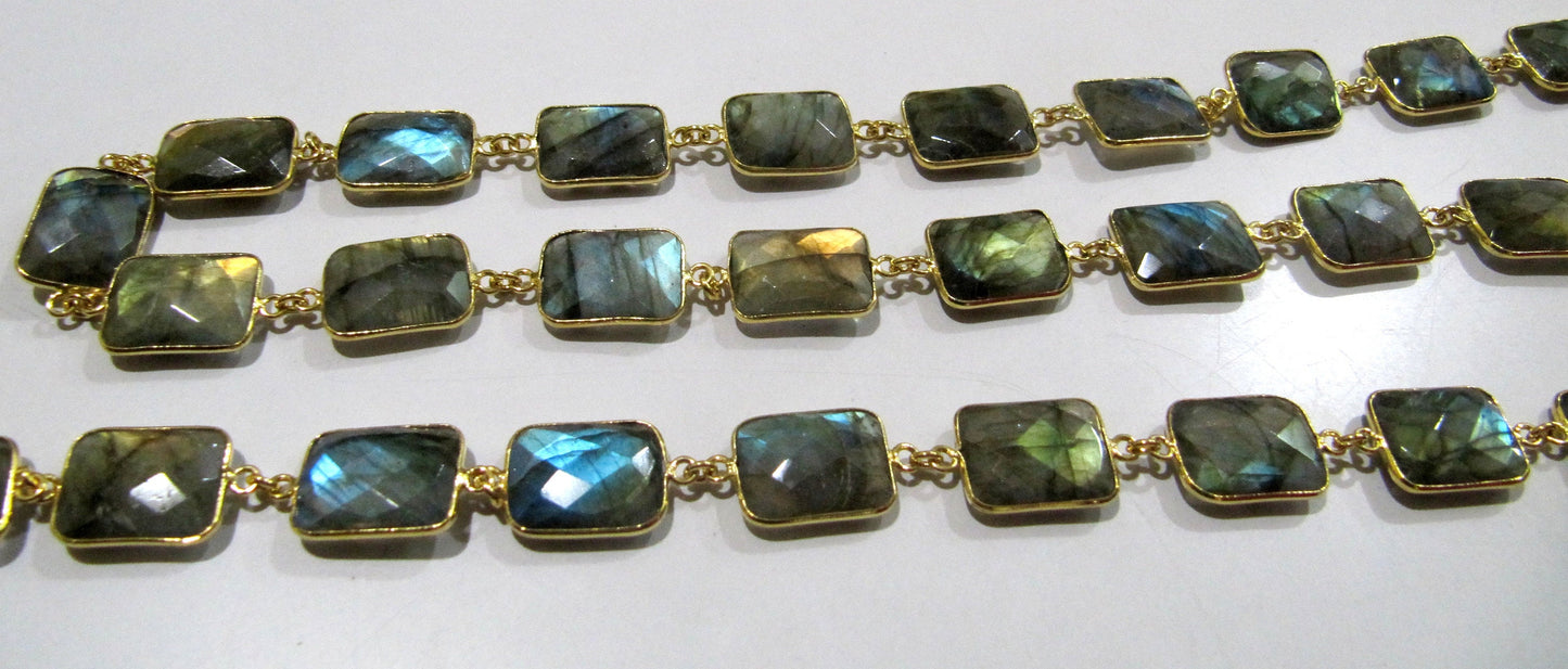 Natural Labradorite Cushion Shape Briolette faceted Bezel Connector Chain 13x17mm Gold Plated Sold Per Foot High Quality Wholesale price