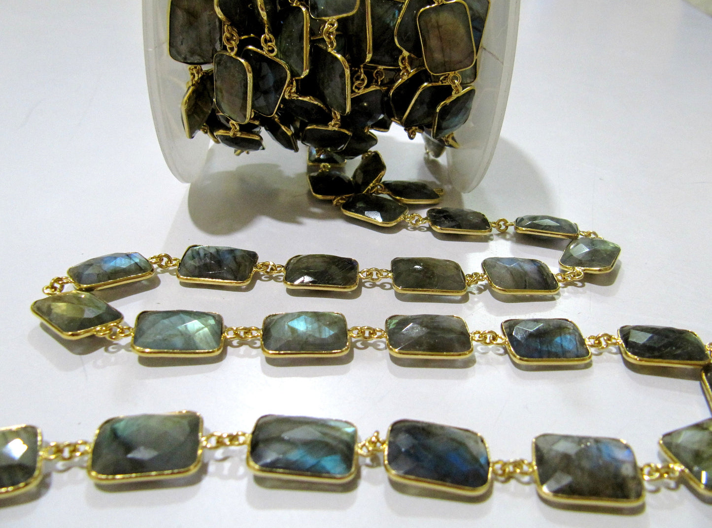 Natural Labradorite Cushion Shape Briolette faceted Bezel Connector Chain 13x17mm Gold Plated Sold Per Foot High Quality Wholesale price