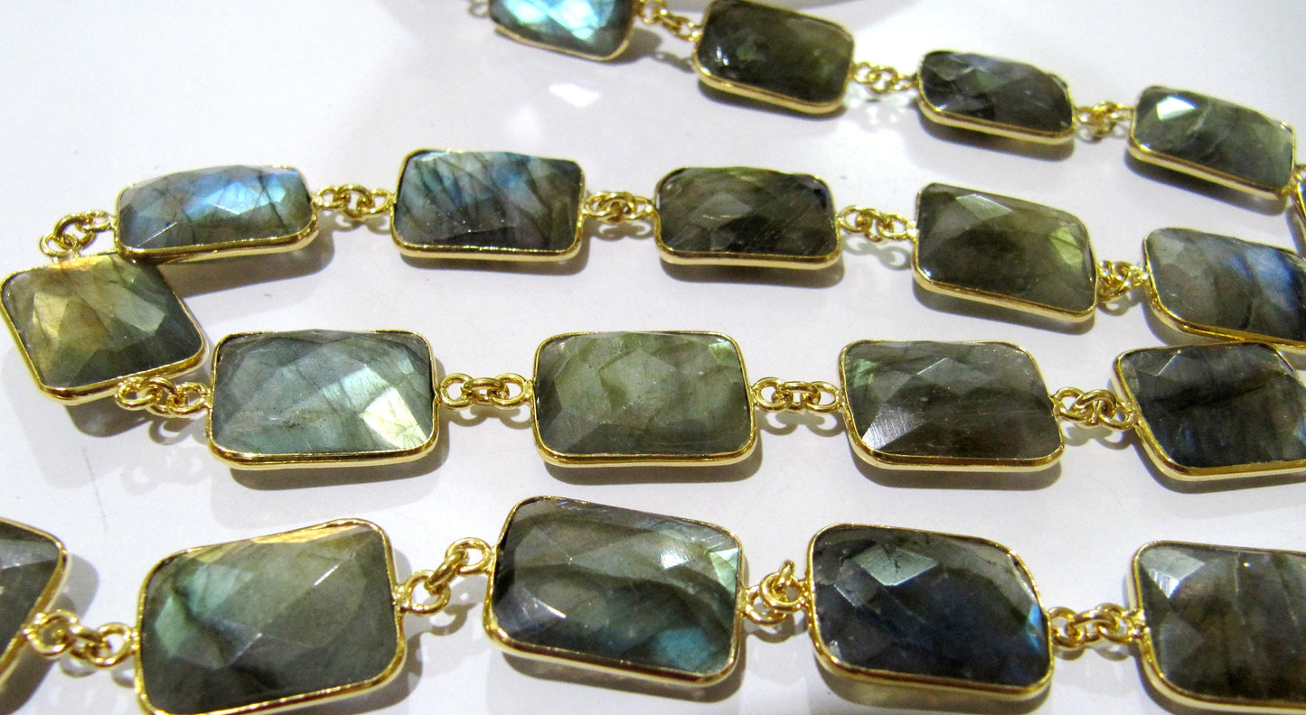 Natural Labradorite Cushion Shape Briolette faceted Bezel Connector Chain 13x17mm Gold Plated Sold Per Foot High Quality Wholesale price