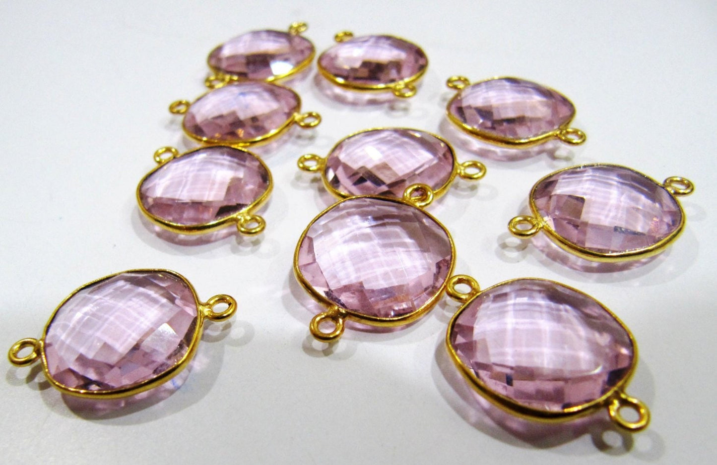 3 Pcs Set Pink Hydro Quartz Cushion Shape 15-16mm Briolette Connectors Hydro Quartz Plated Double Loop Bezel Jewelry Making Bezel Connectors