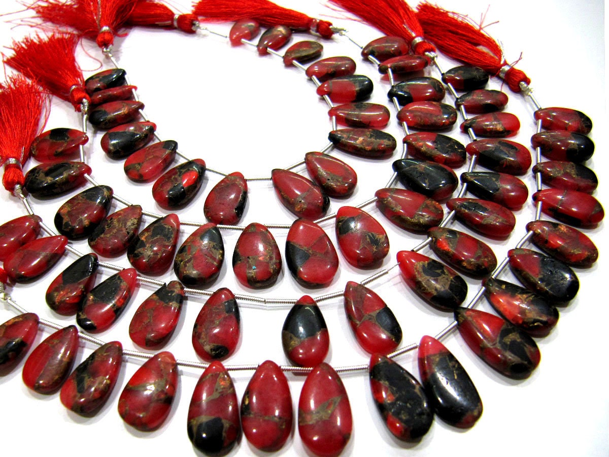 Red Oyster Copper Turquoise Pear Shape Smooth Plain Size 10x16 To 12x20mm Red Color shaded Beads Strand 8 inches Long Sold Per Strand