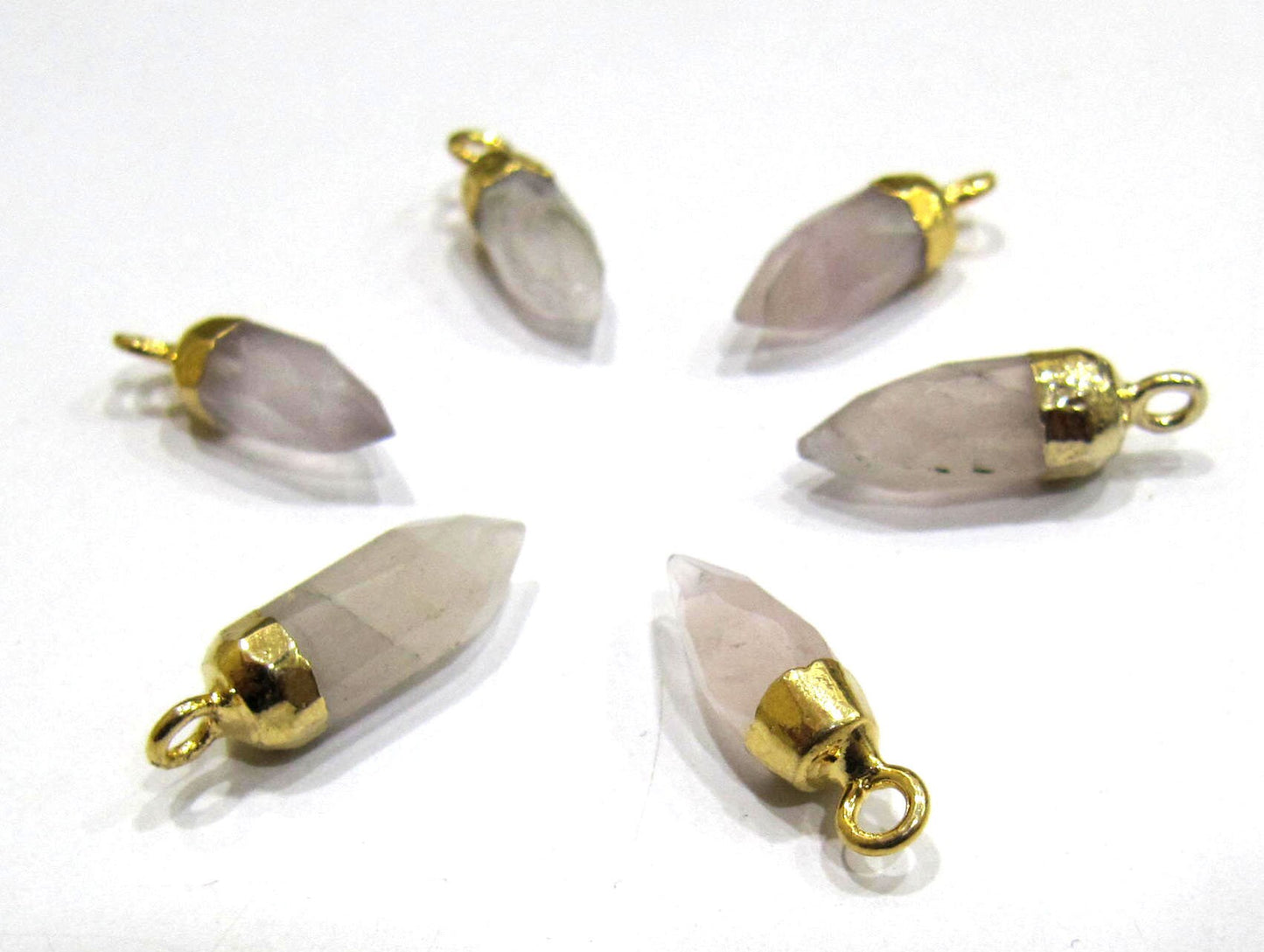 2 piece Natural Rose Quartz Tiny Bullet Charm Pointer Pendant Single Loop Connector Charm Gold Electroplated approximately 0.5 inch long