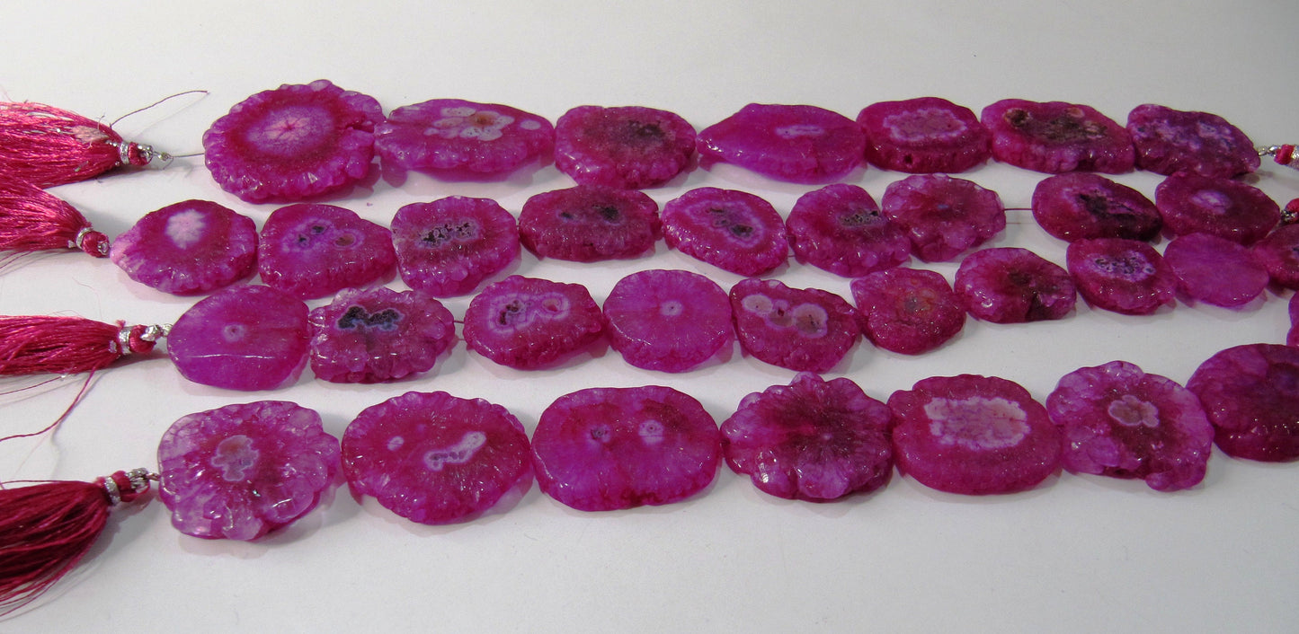 Hot Pink Solar Quartz Druzy Stalactite Slice Beads, Agate,Natural Mossy Stone Druzy 25 to 40mm Sizes Strand 10 inch-Wholesale Prices