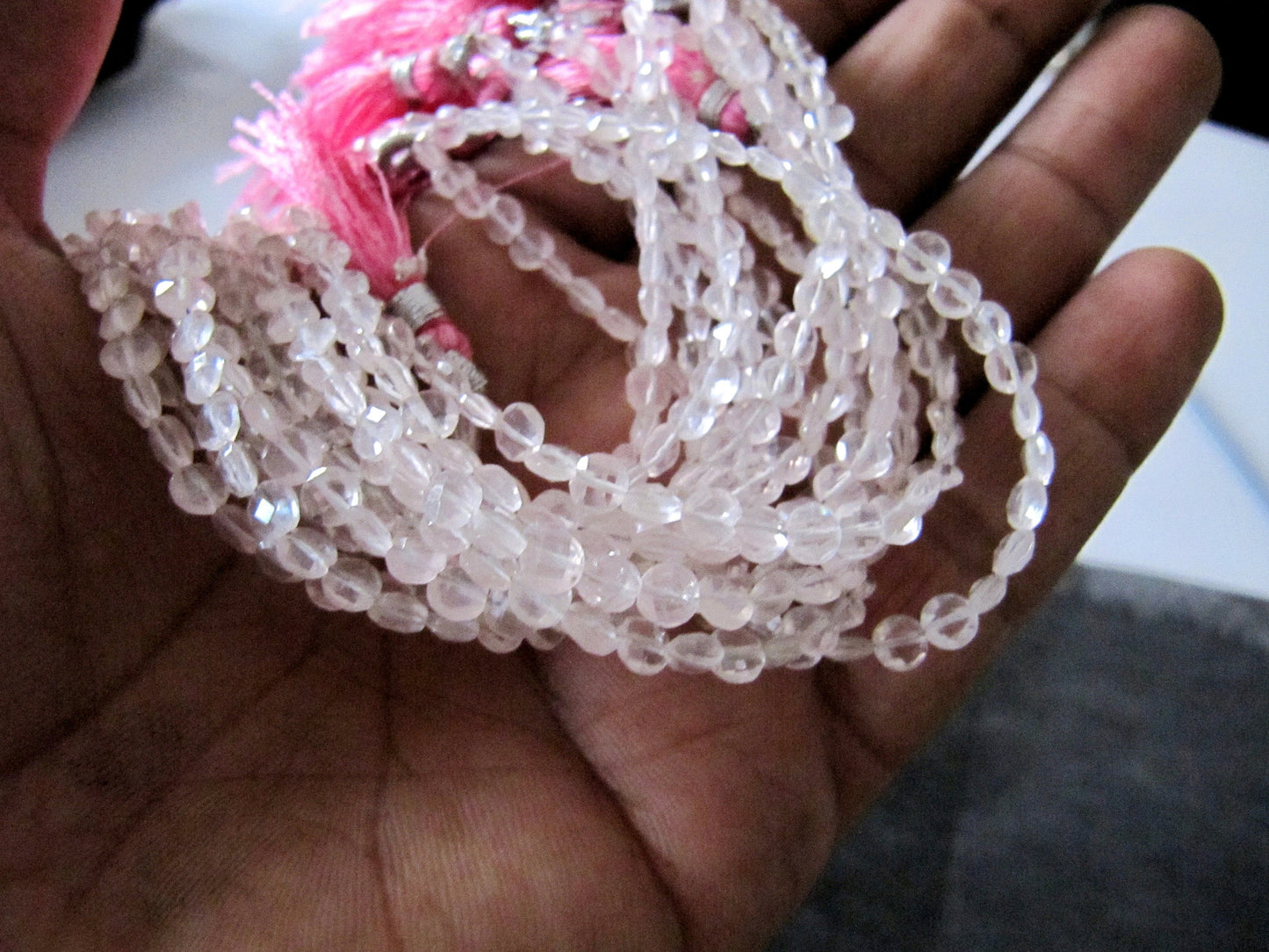 Natural Rose Quartz Faceted Coin shape briolette Beads 4.5mm Sold Per Strand 8 Inch Long 48 to 52 beads per string Wholesale Rate