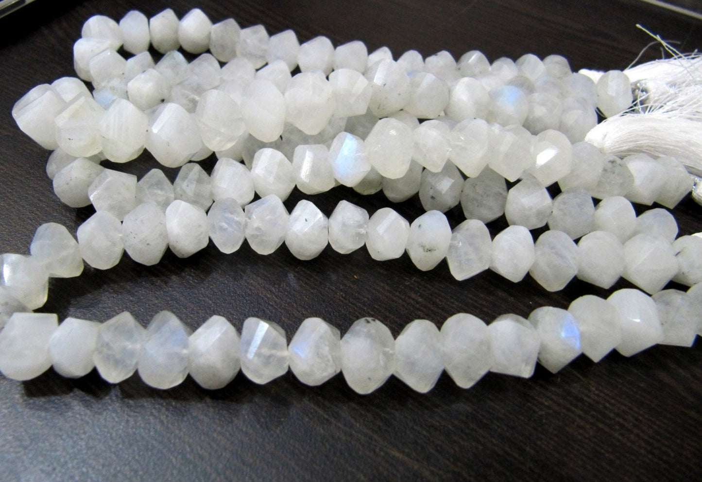 Genuine White Rainbow Moonstone Twisted Briolette Rondelle Beads 9 to 10mm, Strand 10 inches Long 30 top 35 beads per Strand Fancy Shape