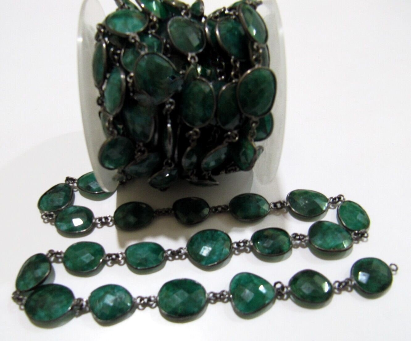 Emerald Briolette Connector Chain 12 to 15mm Gemstone Bezel Uneven Shape Handmade Link Chain sold Per foot