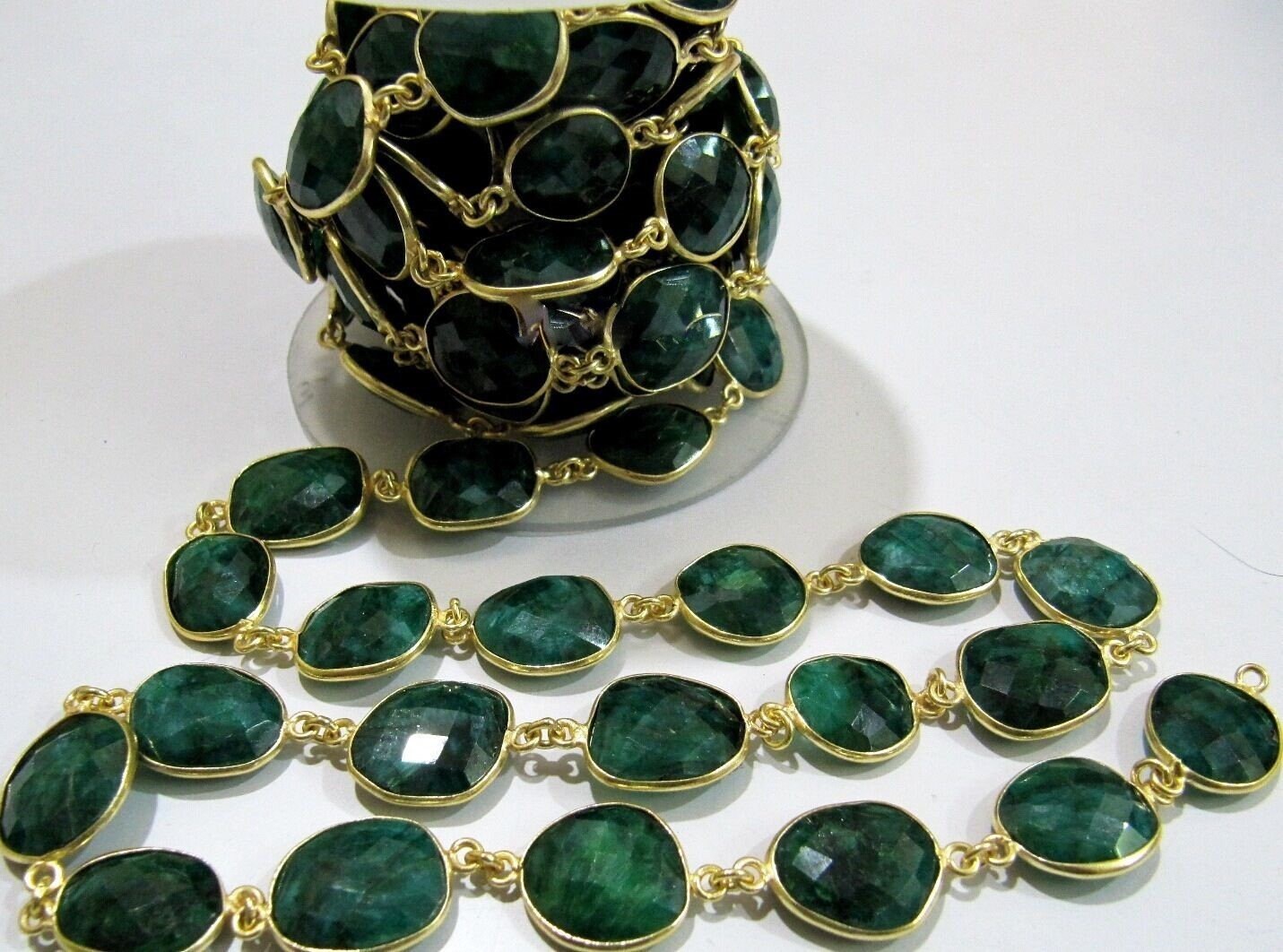 Emerald Briolette Connector Chain 12 to 15mm Gemstone Bezel Uneven Shape Handmade Link Chain sold Per foot