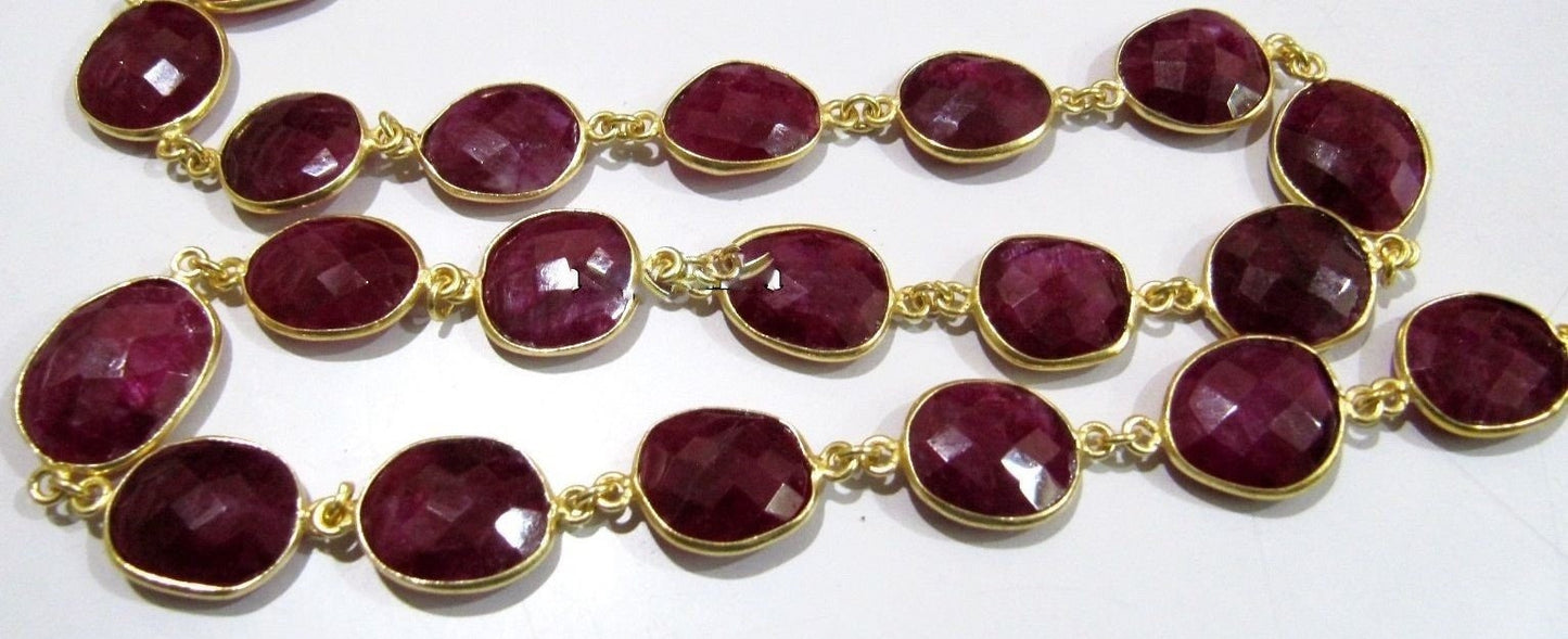 1 Foot- Ruby Uneven Shape Briolette Connector Chain / 12x15mm approx. Rose/Gold/Silver/Black Plated Gemstone Bezel Chain - Wholesale Price