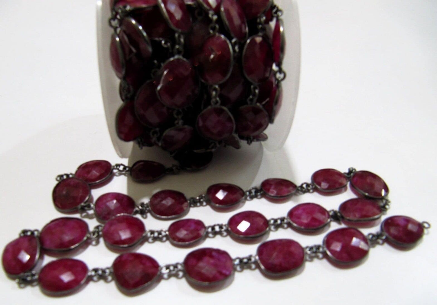 1 Foot- Ruby Uneven Shape Briolette Connector Chain / 12x15mm approx. Rose/Gold/Silver/Black Plated Gemstone Bezel Chain - Wholesale Price