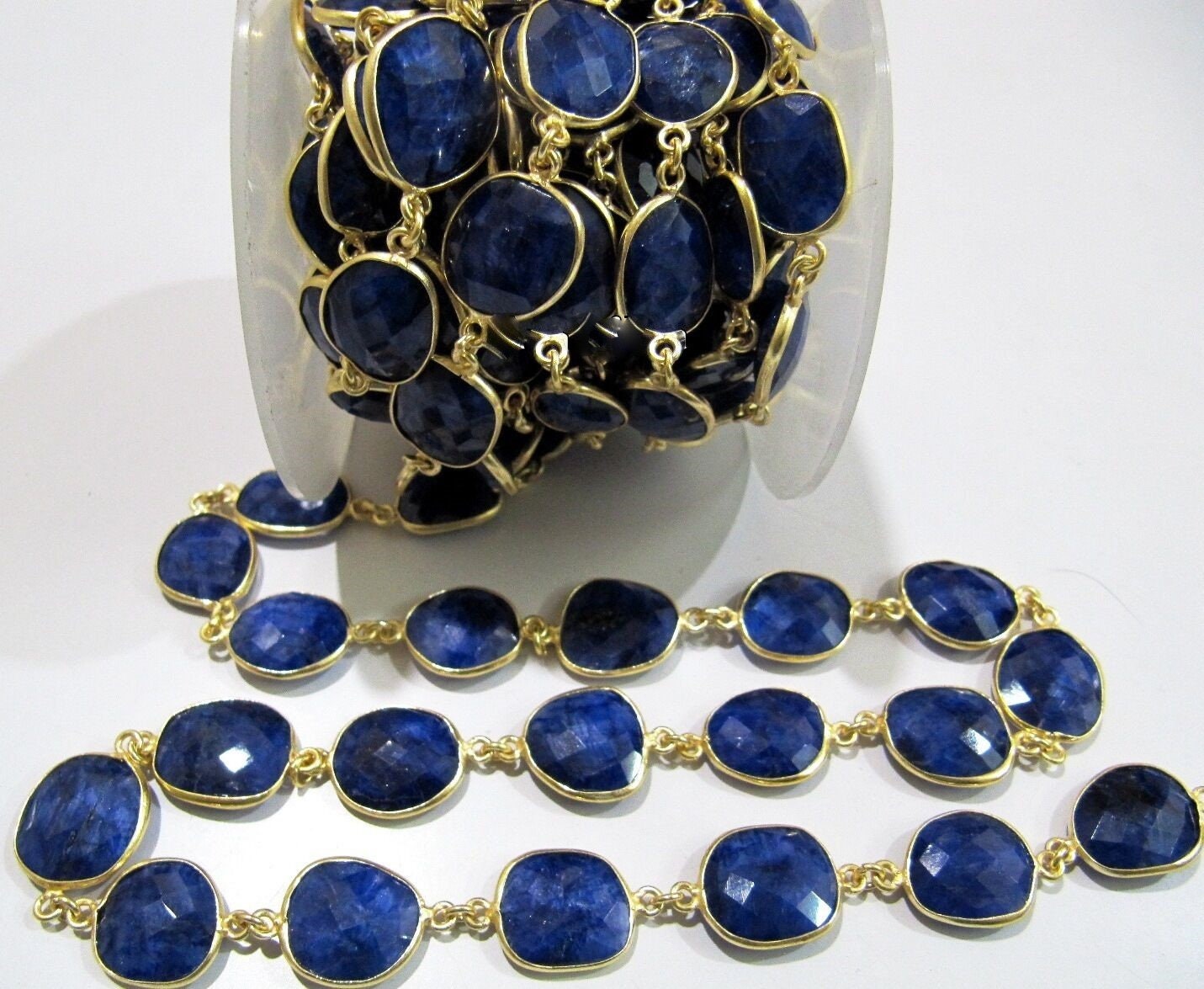 1 Foot- Blue Sapphire Briolette Connector Chain Size 12x15mm Gemstone Bezel Uneven Shape Chain Wholesale Price