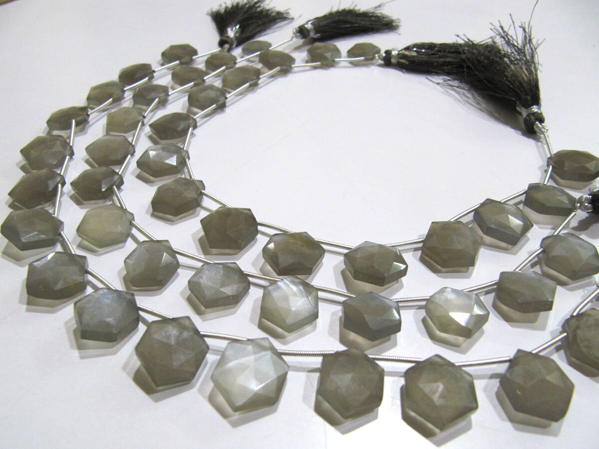 Natural Gray Moonstone Beads Hexagon Shape Faceted Briolette Beads Size 11-12mm Gray Color Gemstone Strand 10 Inches Long Wholesale Prices