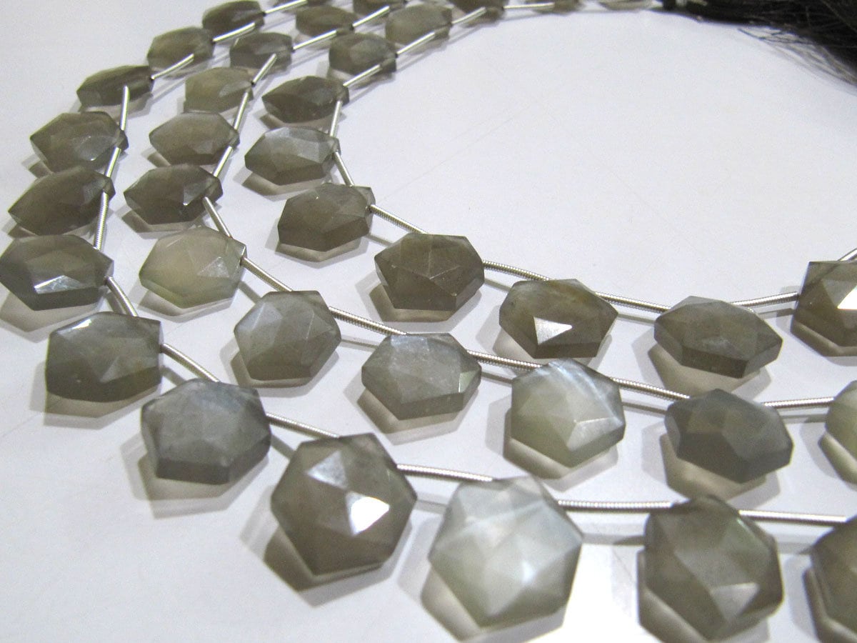 Natural Gray Moonstone Beads Hexagon Shape Faceted Briolette Beads Size 11-12mm Gray Color Gemstone Strand 10 Inches Long Wholesale Prices