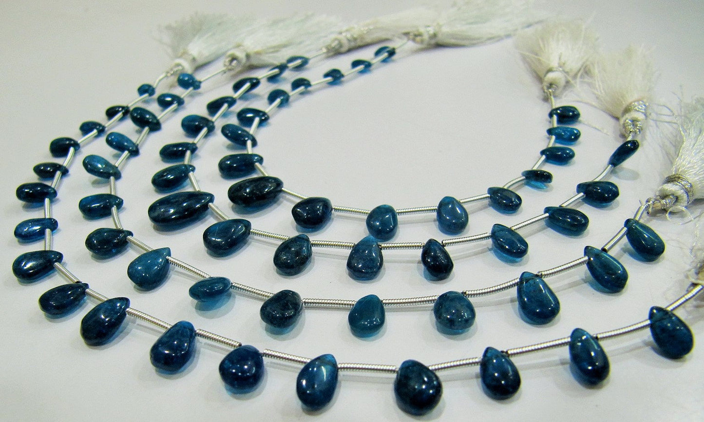 Natural Neon Apatite Pear Shape Plain Smooth 4x6mm To 5x7mm Blue Color Beads Strand 8 Inches Long Sold Per Strand