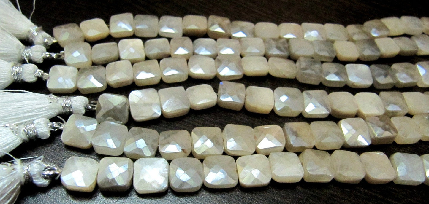 Natural Peach Moonstone Silver AB Mystic Coated Cushion Shape Faceted Beads 7-8mm Strand 8inch long High Quality Beads Wholesale prices