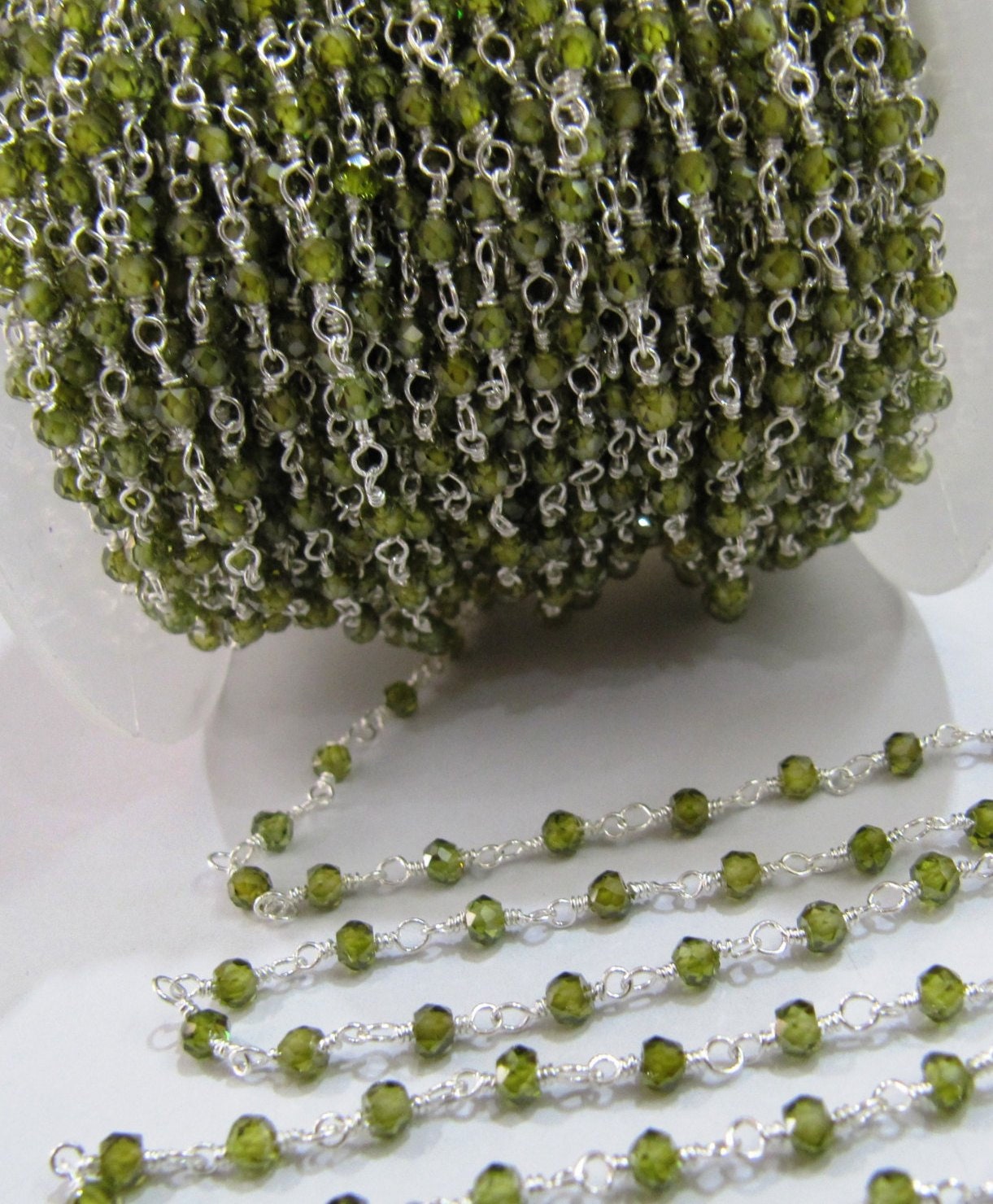 3 Ft-Beautiful CZ Rosary Chain Olive Green Color 3mm Heena color Cubic Zirconia Wire Wrapped Beaded Chain Wholesale Prices Crystal chain