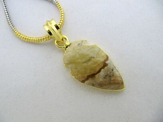 Beautiful Picture Jasper Charm arrow head- 24 Kt Gold Electroplated Edge Arrowhead Pendant-Gemstone Connectors 30 to 40mm per piece