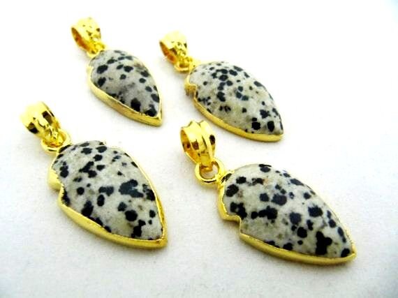 Natural Dalmatian Gemstone Charm arrow head- 24 Kt Gold Electroplated Edge Arrowhead Pendant-Gemstone Connectors 30 to 40mm sold per piece