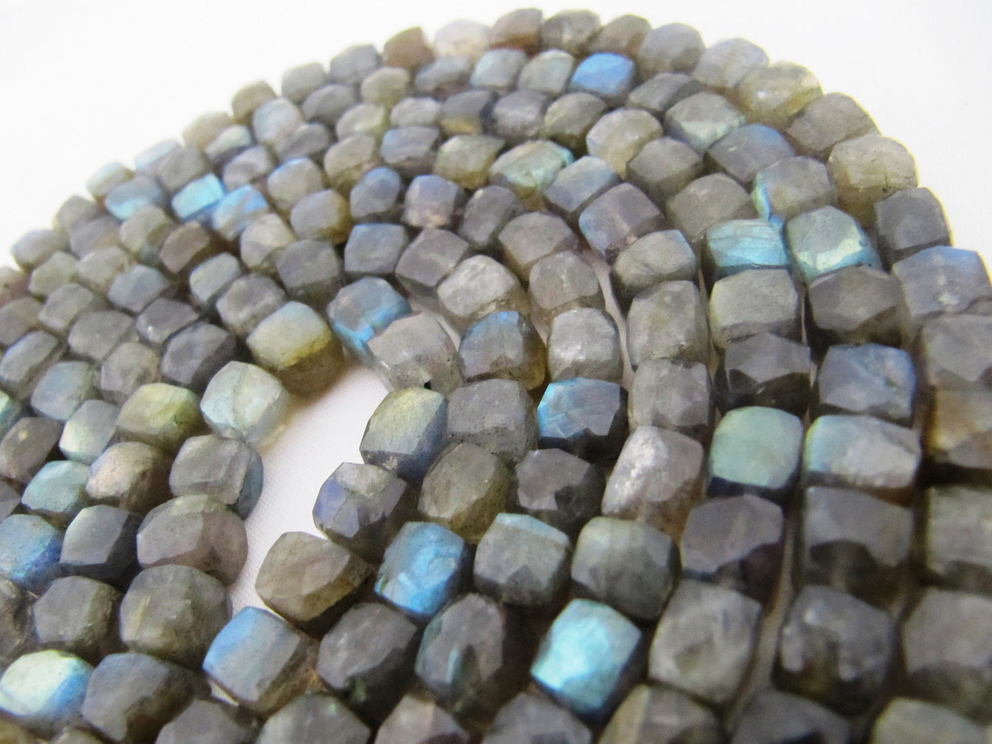 Natural Labradorite 3D Cube Beads 6 to 8mm Faceted Box Shape Beads Sold per strand 8 inches long Blue Flashy Gemstone Beads Wholesale Prices