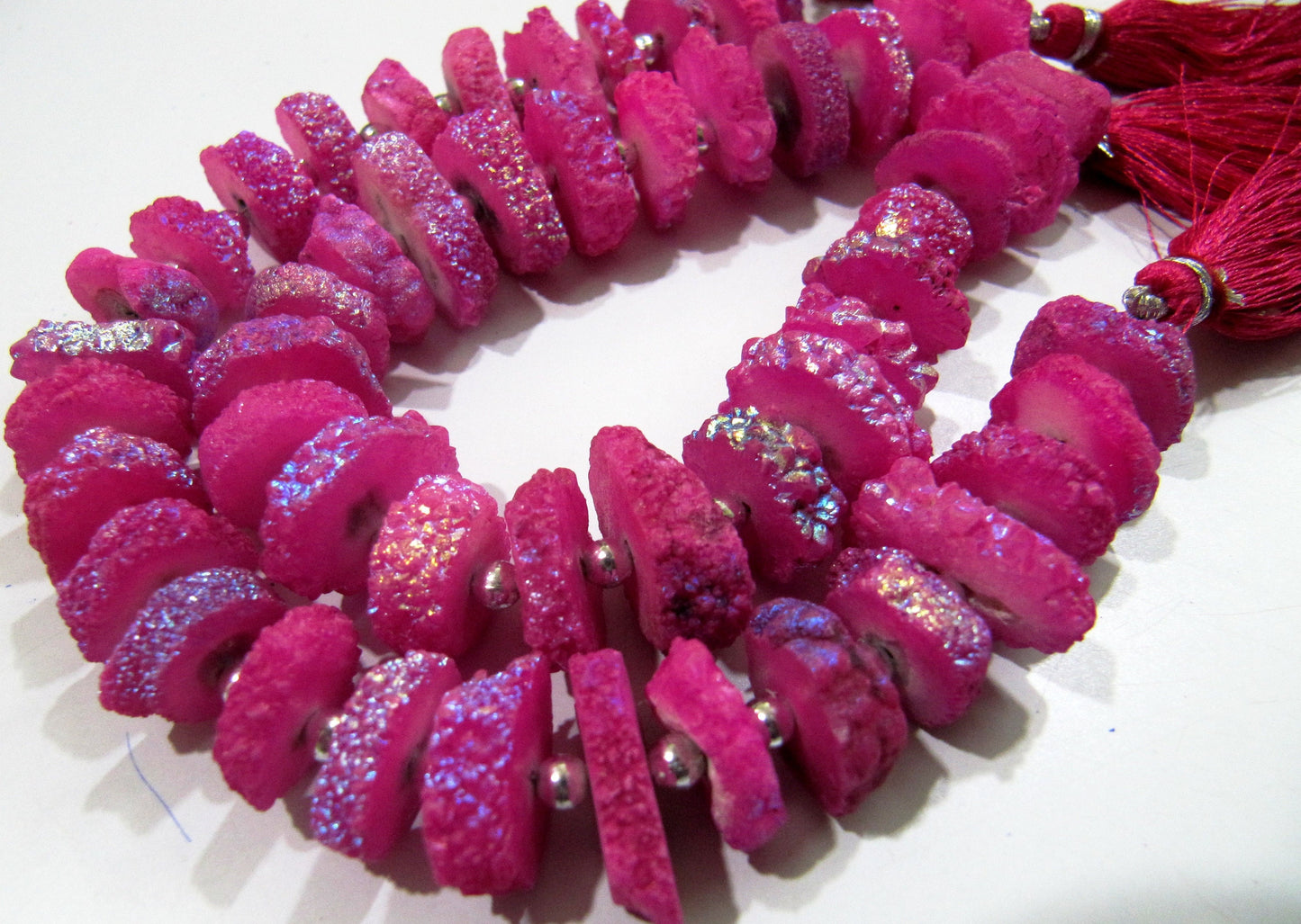 Ruby Color Solar Quartz Slice Disc Sparkling Beads 13-17mm Size Each Strand 8 inches long with approx. 25 to 30 Beads /Hot Pink Druzy Beads