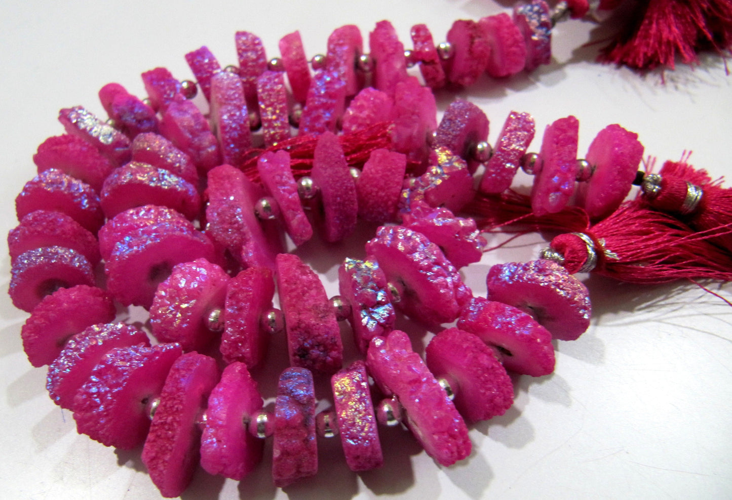 Ruby Color Solar Quartz Slice Disc Sparkling Beads 13-17mm Size Each Strand 8 inches long with approx. 25 to 30 Beads /Hot Pink Druzy Beads